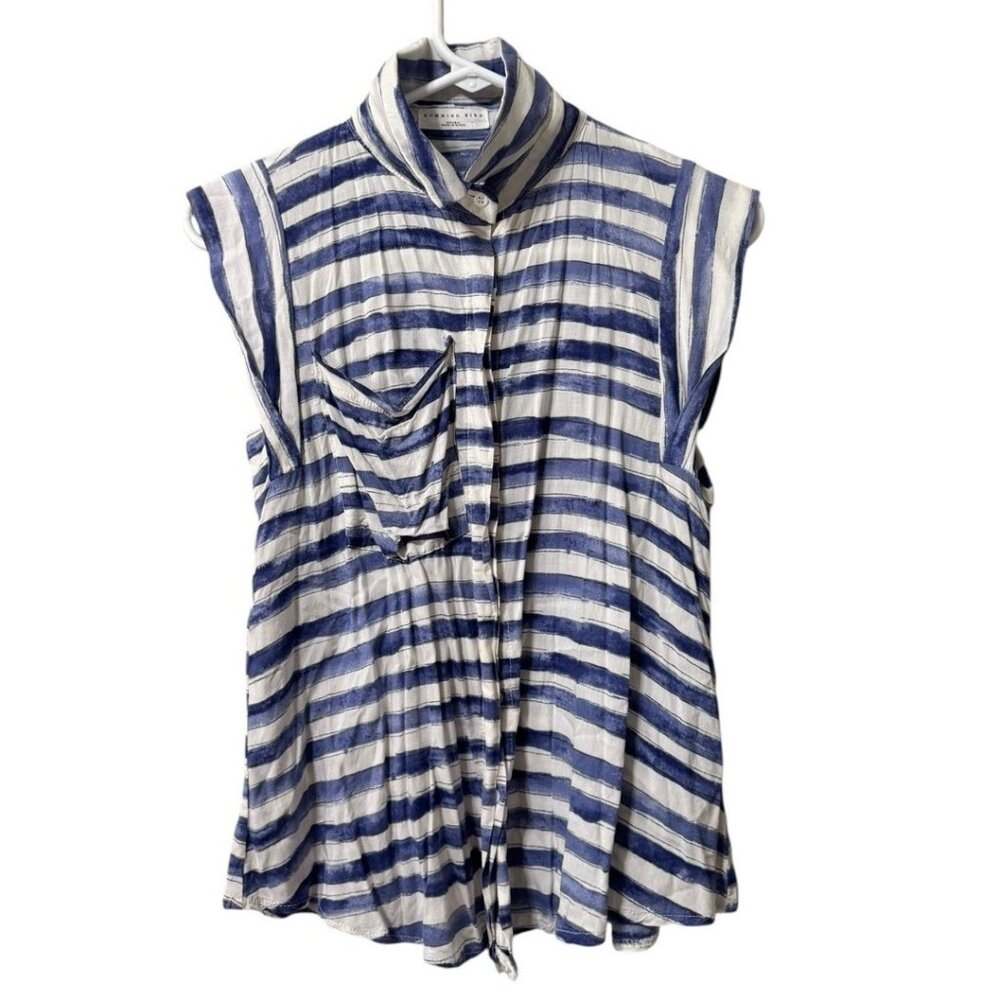 Humming Bird Women Size Measured Button Down Blouse Short‎ Sleeve Stripe Pocket